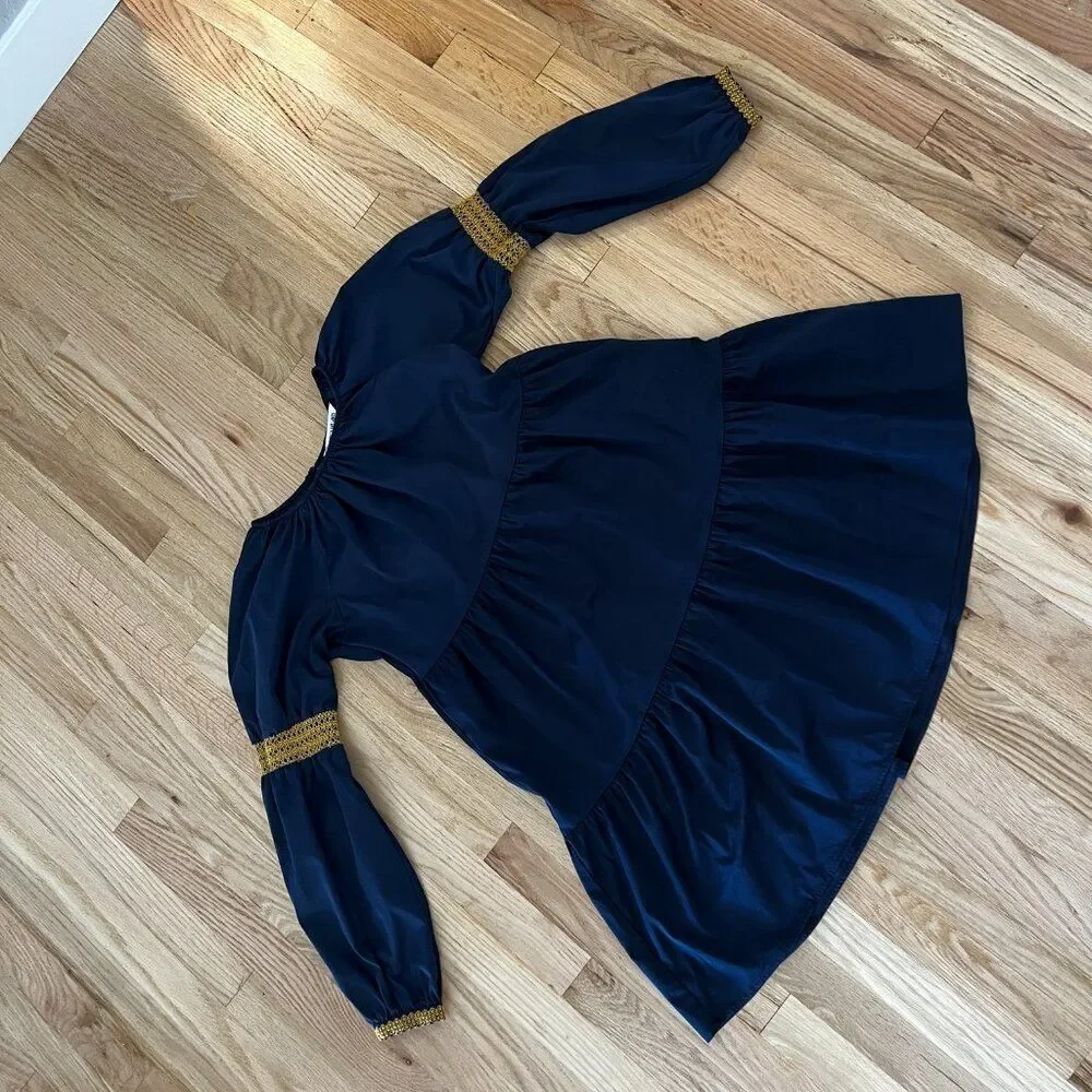 Elizabeth and James A-Line Blue peasant Dress puff sleeve Tiered Boho gold small